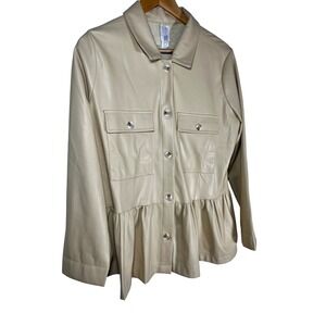 Wynne Collection Faux Leather Peplum Shacket Women Large Almond Button Front